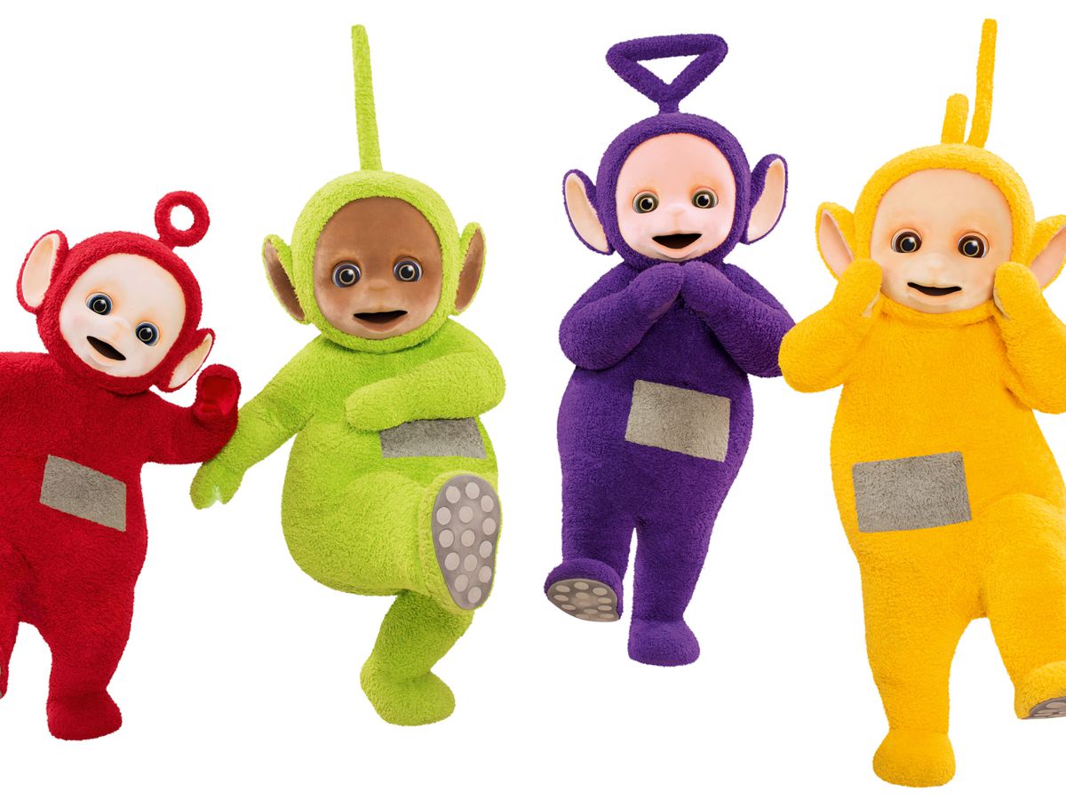 Four Teletubbies characters-Po (red), Dipsy (green), Tinky Winky (purple), and Laa-Laa (yellow)-posing cheerfully against a white background.