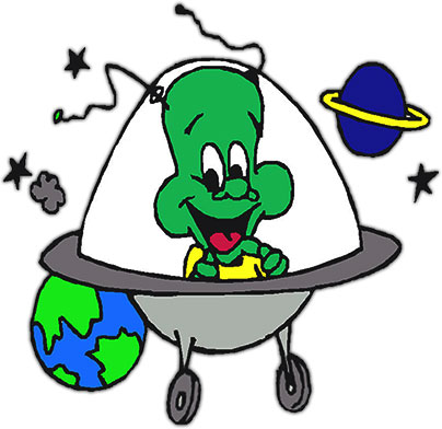 A cheerful green alien in a flying saucer with Earth and Saturn nearby, surrounded by stars and cosmic swirls.