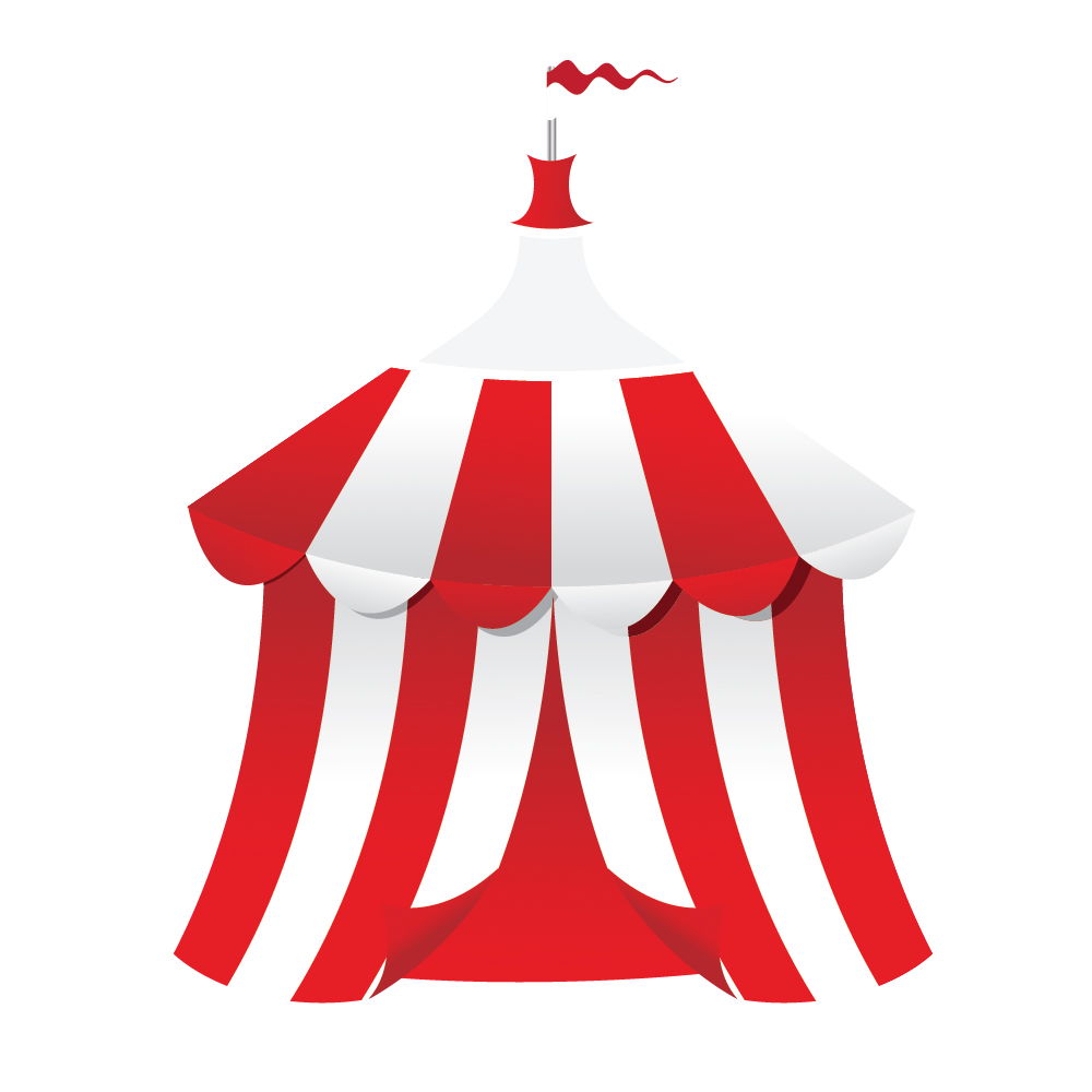 Classic red-and-white striped circus tent with a waving flag on top, symbolizing fun and entertainment.
