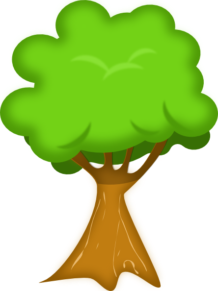 A cartoon-style green leafy tree with a thick brown trunk and stylized canopy.