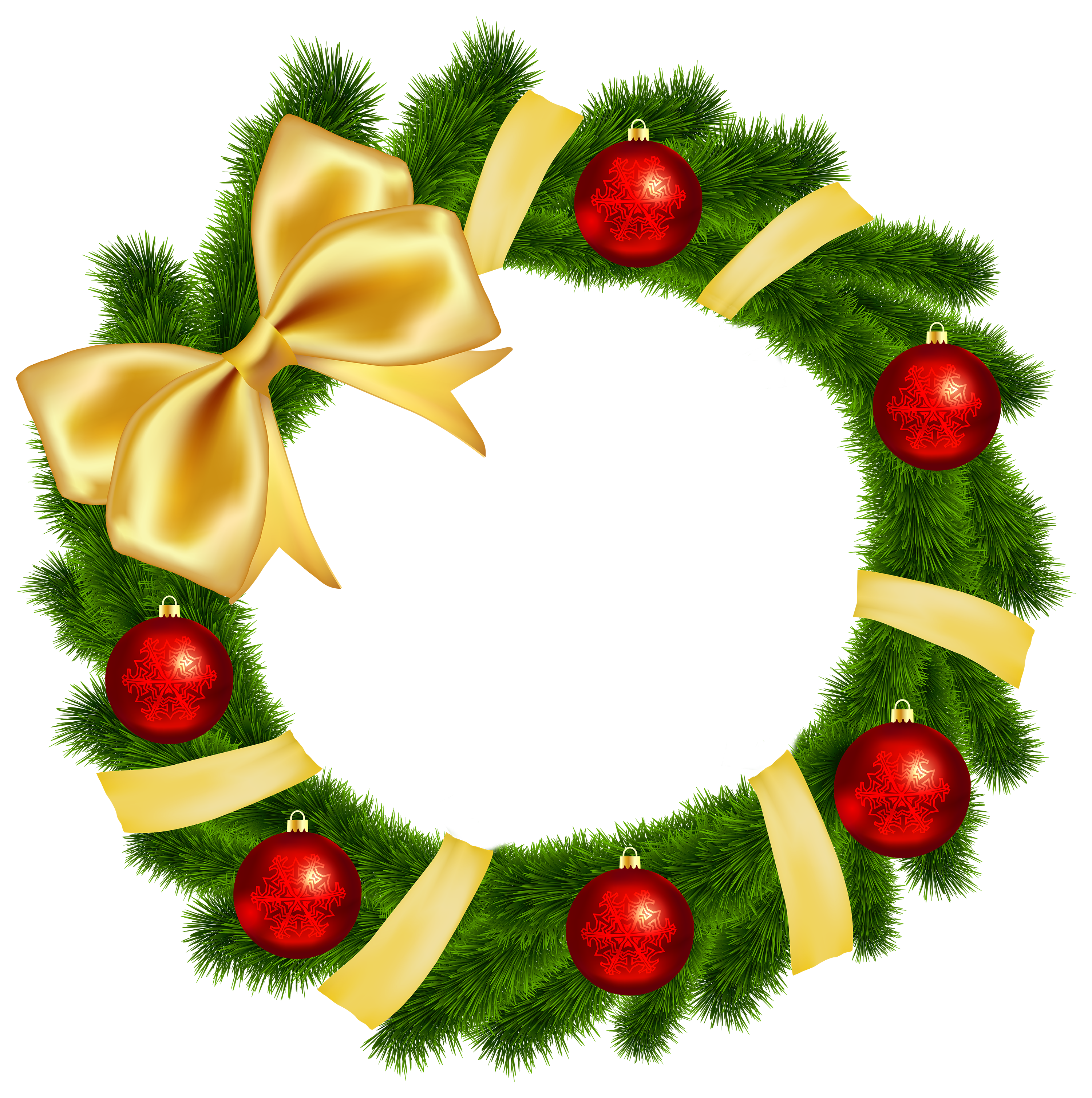 Festive green wreath with gold bow, red snowflake ornaments, and pine branches on a green background.