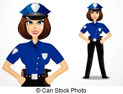 Two illustrated female police officers in blue uniforms and caps, one with hands on hips, the other standing confidently.
