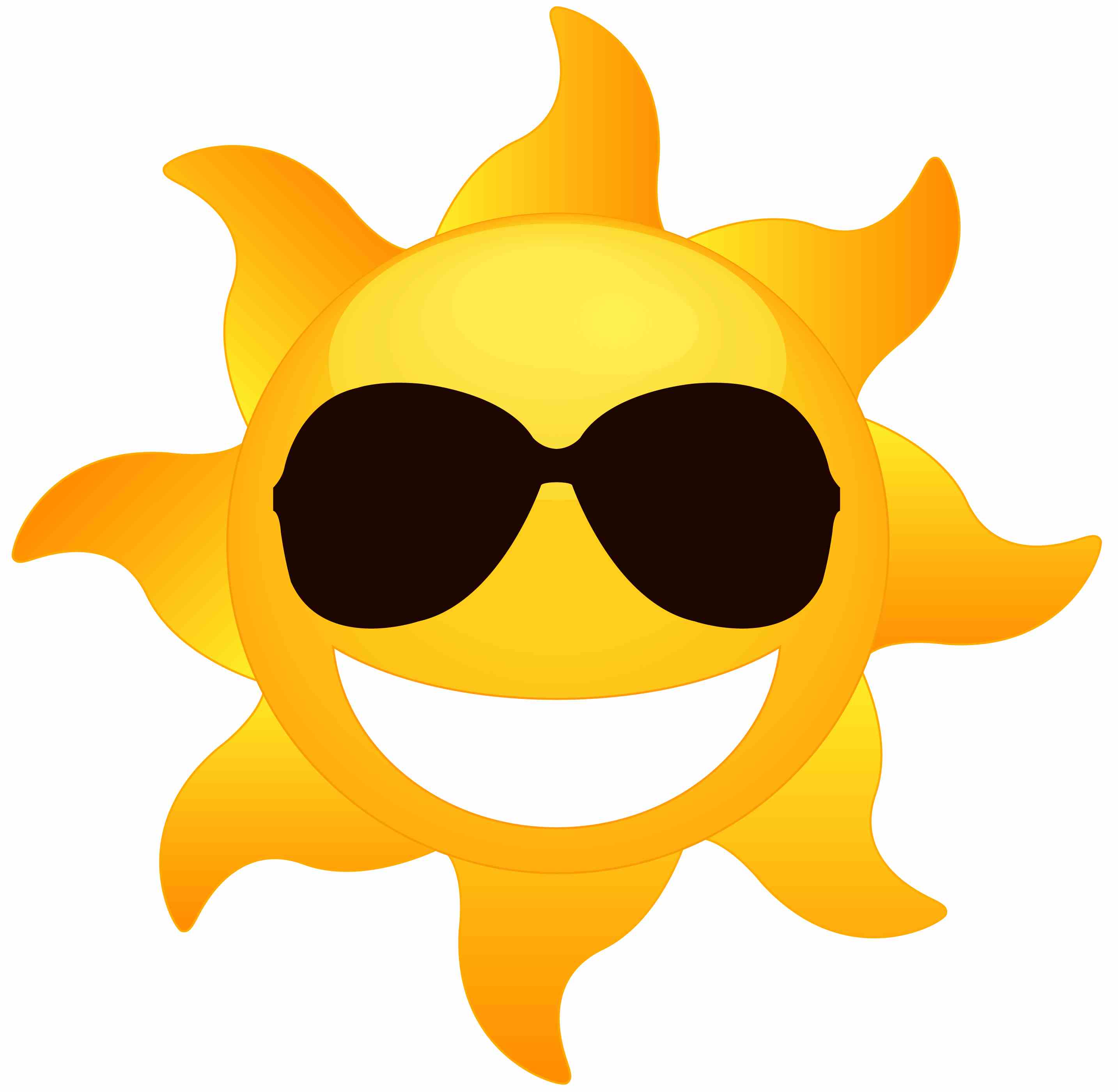 Cheerful yellow sun wearing black sunglasses and smiling widely.