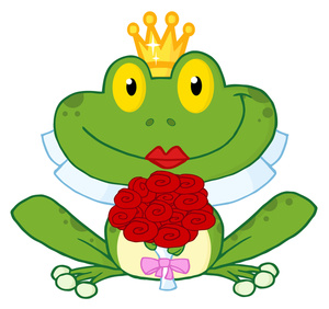 A smiling green frog wearing a golden crown, holding red roses and a pink bow, dressed in a white collar.