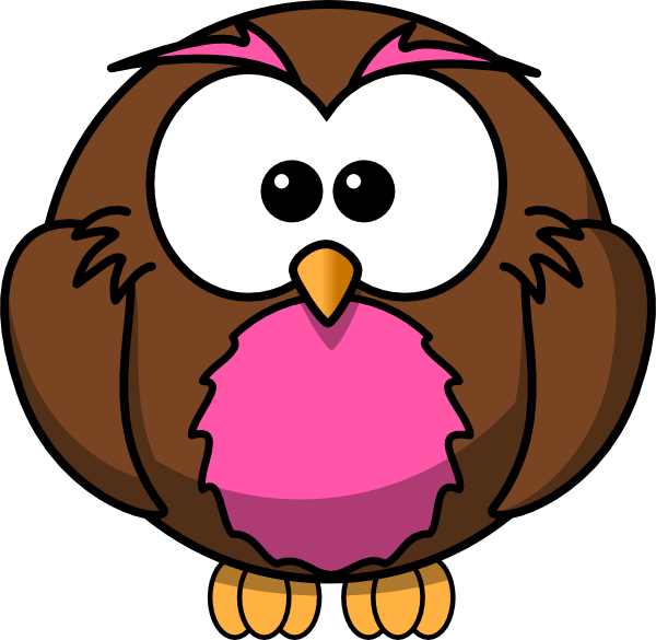 Cute cartoon brown owl with pink chest, big eyes, and orange beak standing upright.
