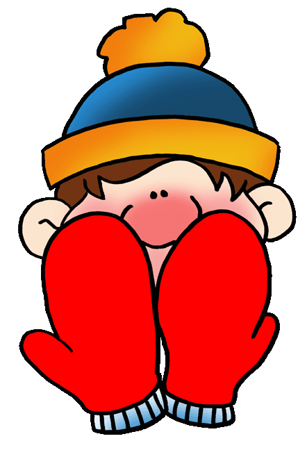Child in winter hat and red mittens covering face, blushing with cold.