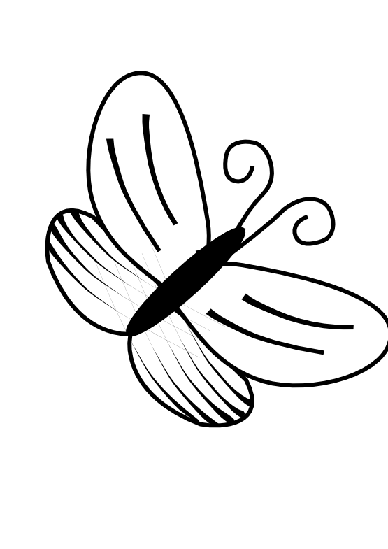 Black-and-white line drawing of a stylized butterfly with striped wings, curled antennae, and a bold body.