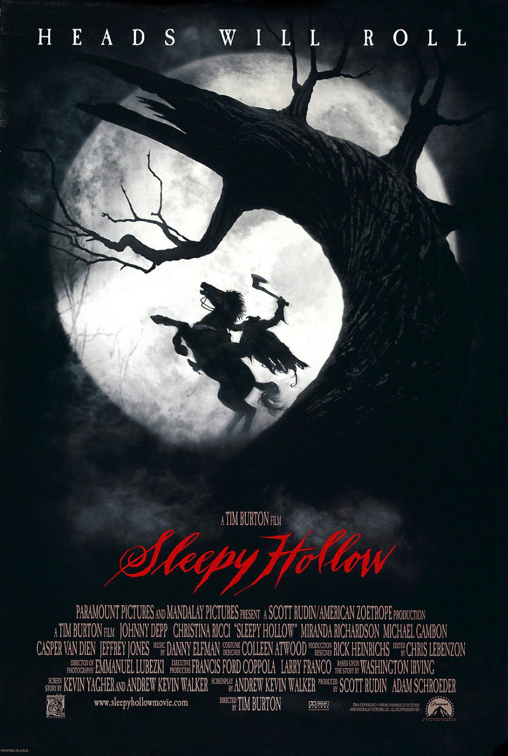 Tim Burton’s *Sleepy Hollow* movie poster featuring the Headless Horseman silhouetted against a full moon behind a gnarled tree.