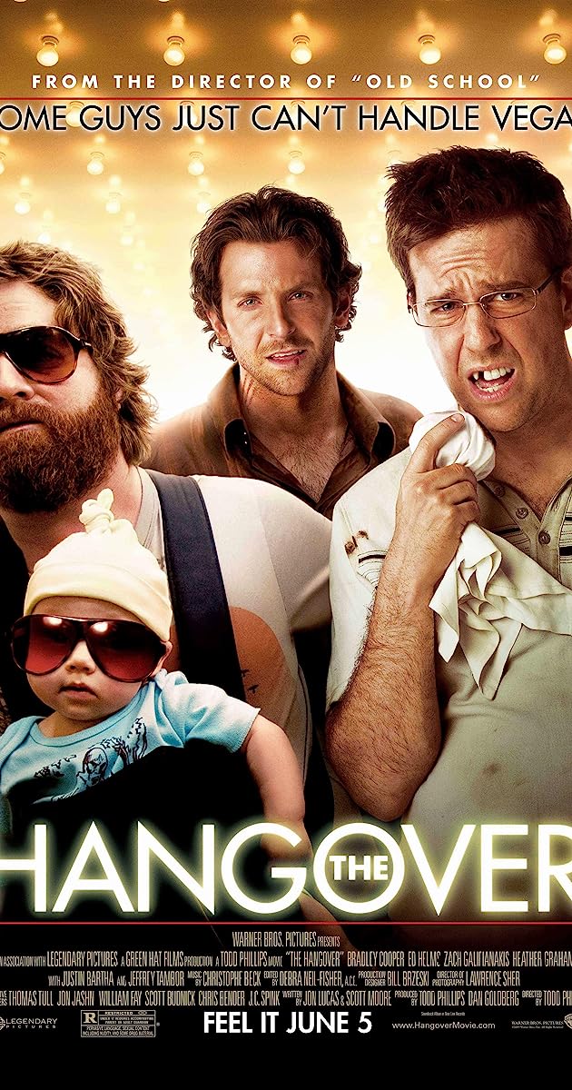 Movie poster for "The Hangover" featuring four men and a baby in Vegas, with warm lighting and comedic expressions.