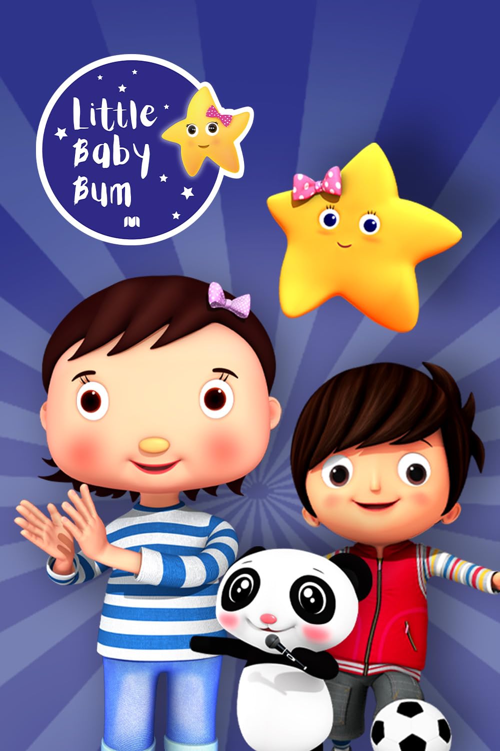 Little Baby Bum cartoon characters: two kids, a panda, and smiling stars on a blue background.