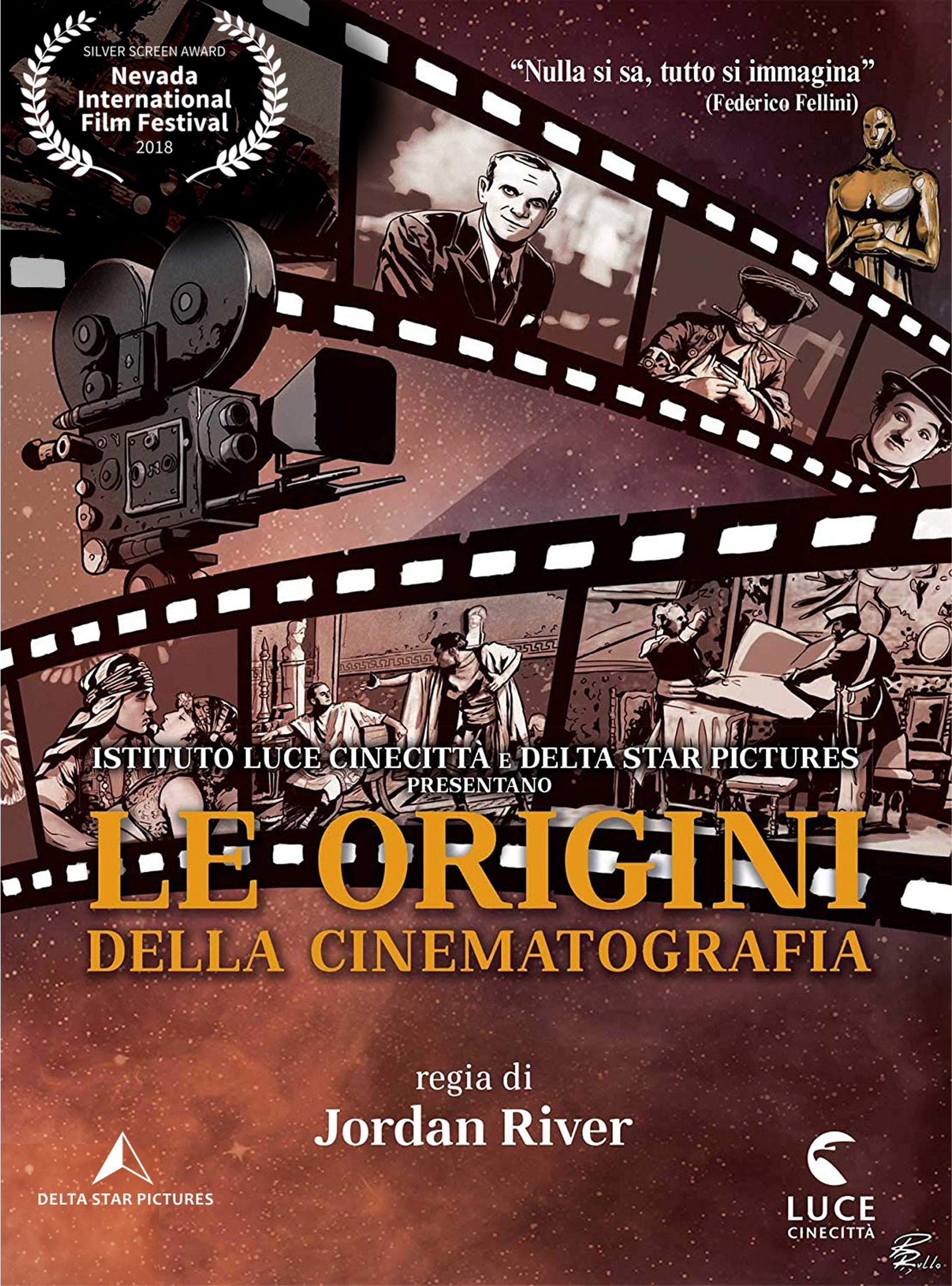 Poster for "Le Origini della Cinematografia", a documentary by Jordan River, featuring film strips, vintage cameras, and classic cinema figures.