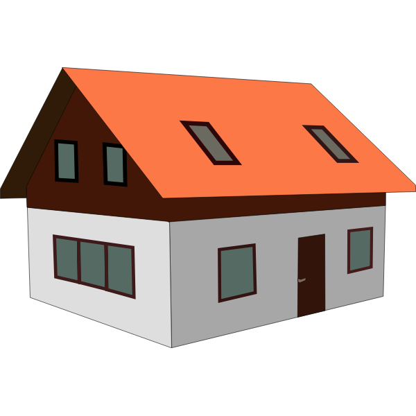 Simple two-story house with orange roof, brown trim, white walls, and multiple windows including skylights.