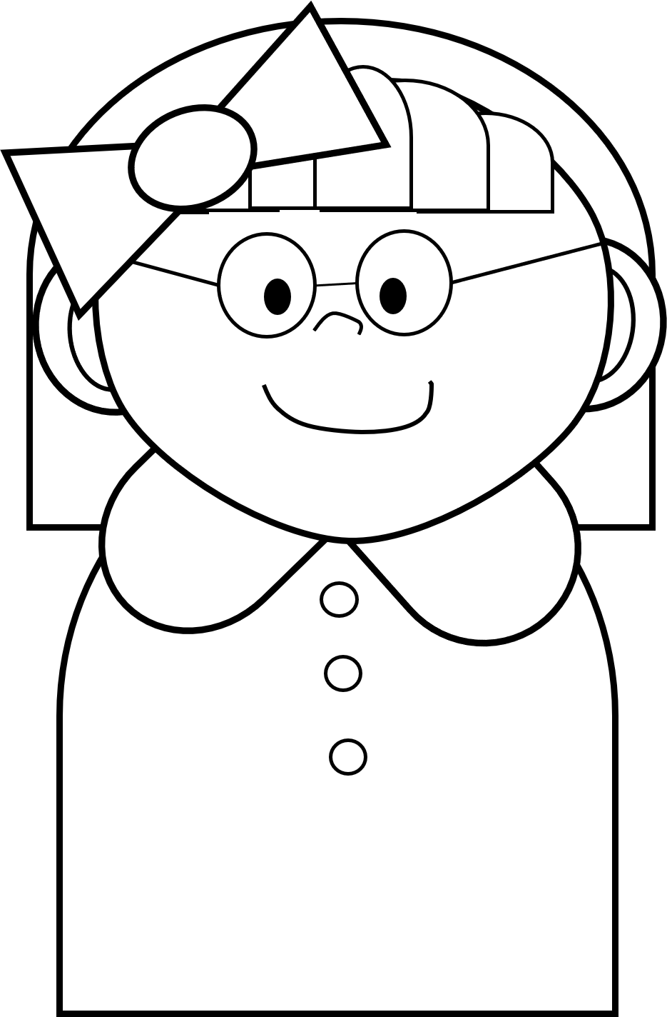Black-and-white line drawing of a smiling girl with glasses, bow, and collared dress.
