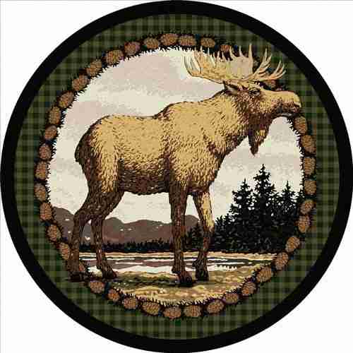 A circular tapestry-style illustration of a majestic moose standing in a forest clearing, framed by pinecones and plaid border.