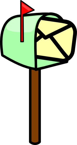 A cartoon-style green mailbox with a raised red flag and an envelope visible inside, mounted on a brown post.