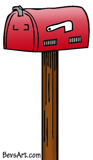 Red cartoon-style mailbox on a wooden post with flag up and mail slot open.