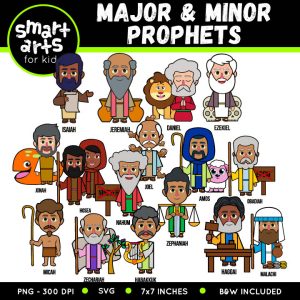 Cartoon illustrations of major and minor prophets from the Bible, styled for kids with colorful, friendly designs.