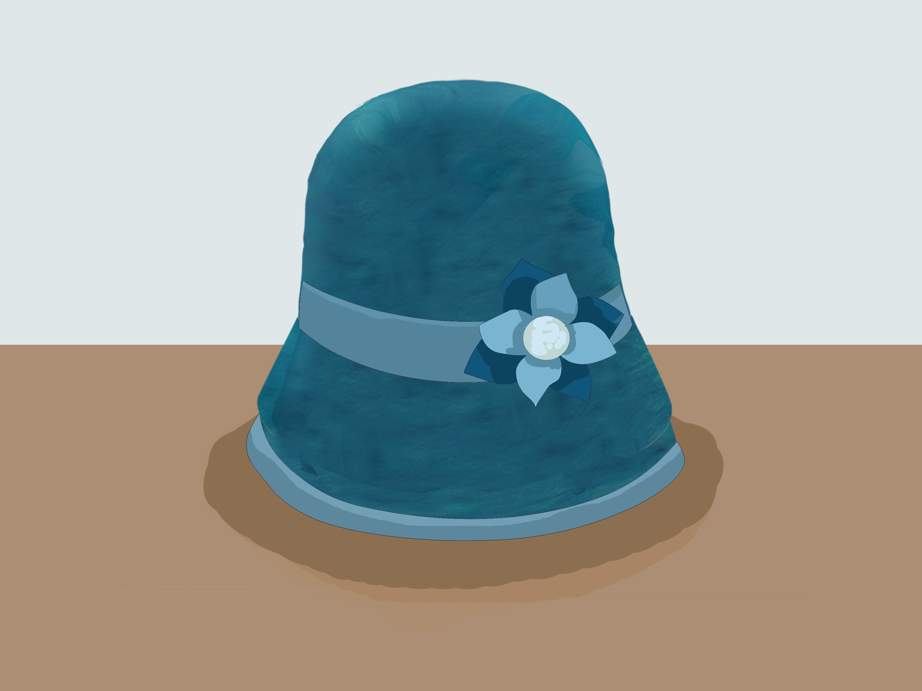 Teal felt cloche hat with light blue ribbon and floral embellishment featuring a pearl center.