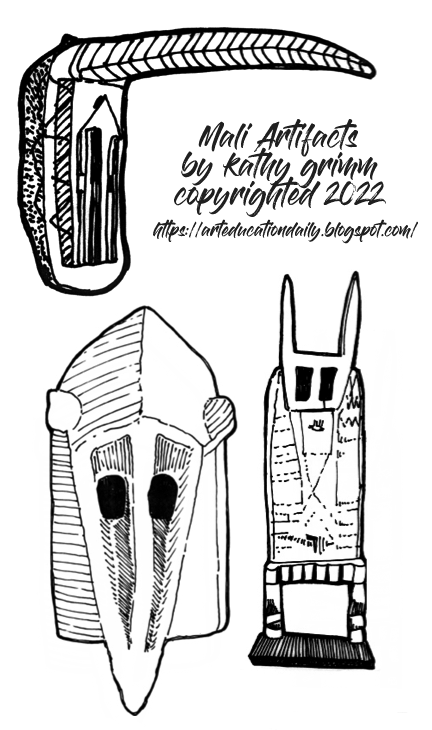 Hand-drawn sketches of three Mali artifacts: a curved blade, a pointed mask, and a stylized anthropomorphic figure, by Kathy Grimm (2022).