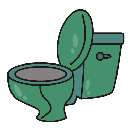 Green cartoon-style toilet with open lid and tank, illustrated in simple line art with shading.