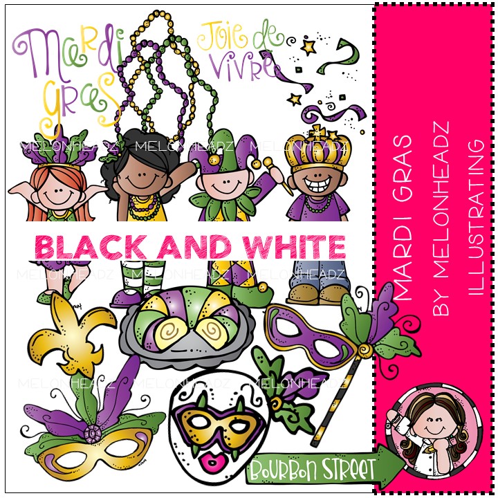 Colorful Mardi Gras clip art featuring children in costumes, masks, beads, fleur-de-lis, and "Bourbon Street" signage by Melonheadz.