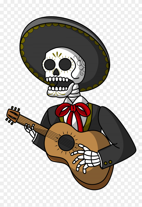 Skeleton mariachi in sombrero playing acoustic guitar, Day of the Dead style.