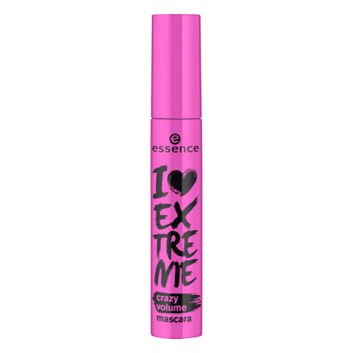 Essence I Love Extreme Crazy Volume Mascara in vibrant pink tube with bold black typography.