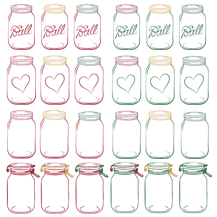 Collection of colorful illustrated Ball mason jars in four styles: branded, heart-decorated, plain, and clamp-lid variants.