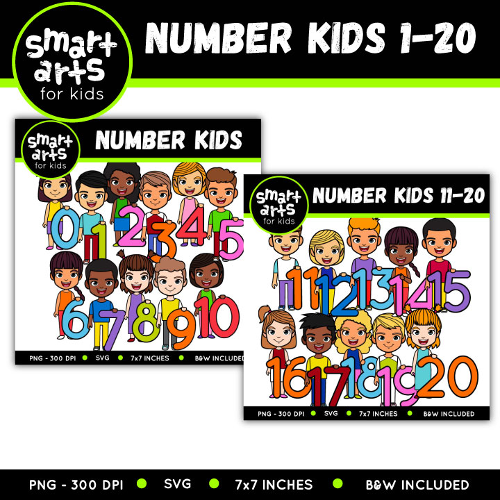 Colorful cartoon "Number Kids 1-20" clipart set featuring diverse children with numbers 0-20, in PNG, SVG, and B&W formats.