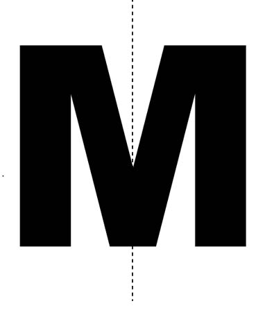Bold black sans-serif letter "M" with a vertical dashed line through its center, indicating symmetry or alignment.