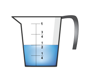 A white measuring cup filled with blue liquid to the 1/2 mark, showing fractional measurements (1/4, 1/2, 3/4, 1).