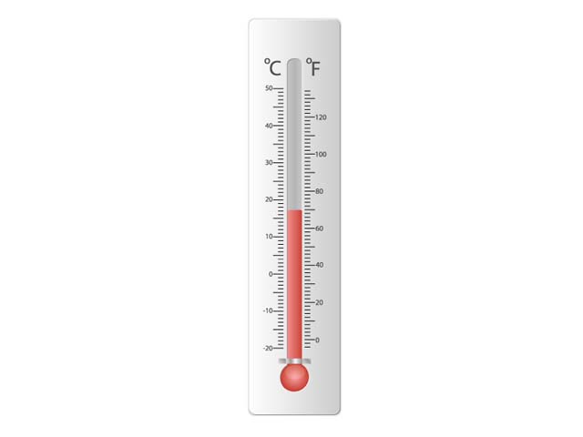 Dual-scale analog thermometer showing temperature in Celsius and Fahrenheit, red liquid indicating ~18°C / 64°F.
