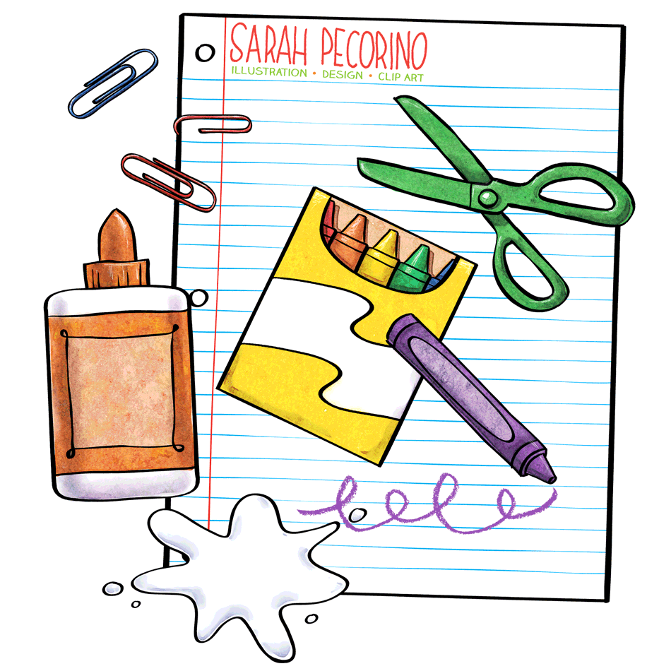 Illustration of art supplies-glue, crayons, scissors, paper clips-on lined notebook paper with artist name Sarah Pecorino.