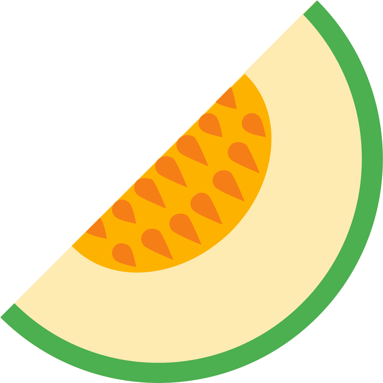 A stylized vector illustration of a cantaloupe melon slice with green rind, pale orange flesh, and orange seed pattern.