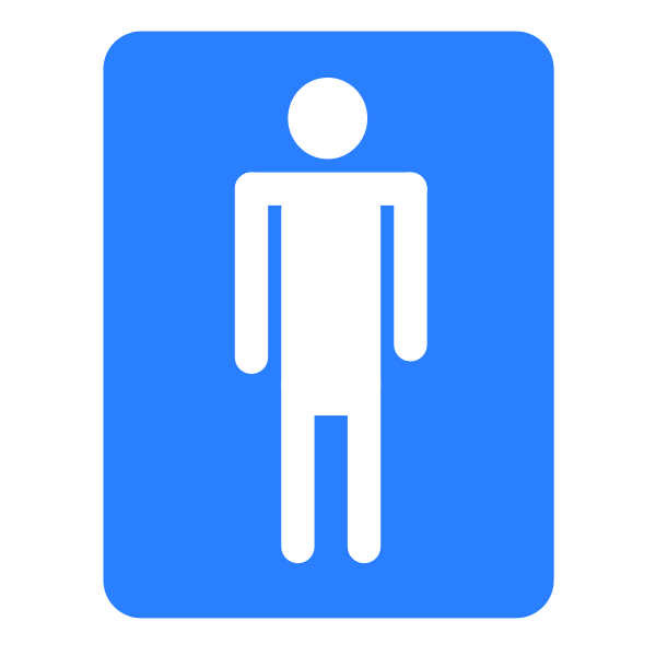 Blue rectangular sign with white stylized male figure indicating men's restroom.