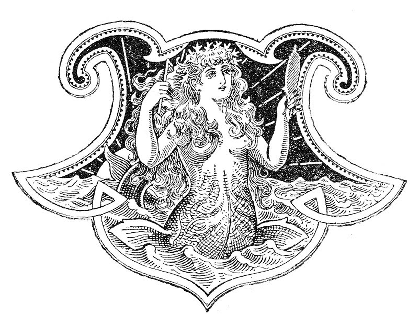 Vintage black-and-white engraving of a mermaid with flowing hair, crown, and trident, framed by ornate Art Nouveau swirls and waves.