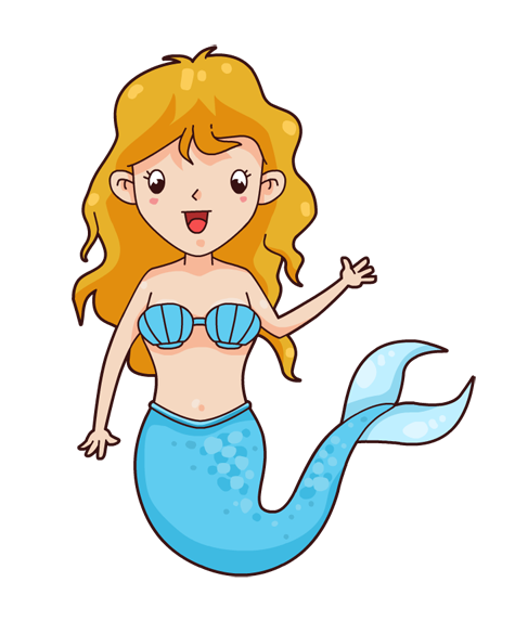 Cheerful cartoon mermaid with golden hair, blue seashell top, and shimmering tail waving hello.