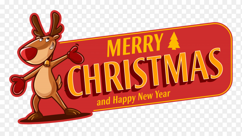 Cheerful cartoon reindeer waving beside a red "Merry Christmas and Happy New Year" banner with yellow text and a pine tree icon.