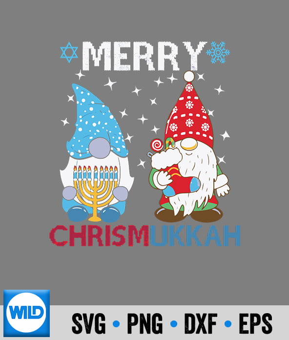 Two festive gnomes-one with a menorah and blue hat, the other with a candy cane and red hat-celebrating Chrismukkah under "MERRY" text.