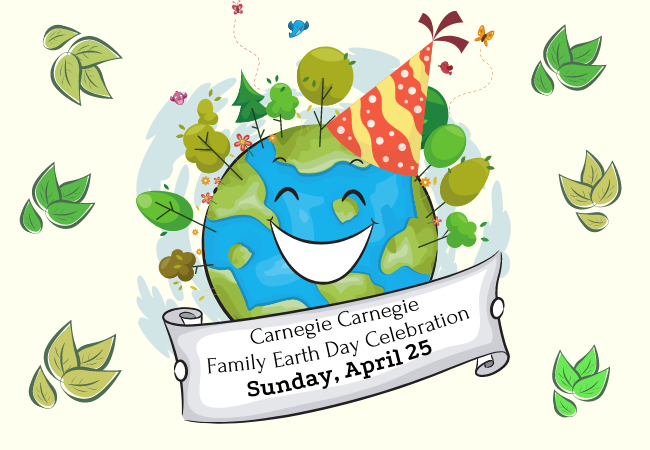 Smiling Earth wearing a party hat surrounded by leaves, trees, and balloons for Carnegie Carnegie Family Earth Day Celebration on April 25.