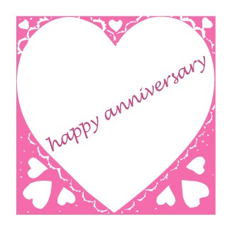 Pink heart-shaped anniversary card with "happy anniversary" text and decorative hearts border.