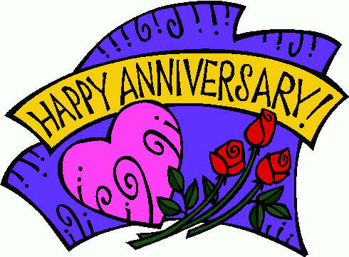 Colorful cartoon-style anniversary banner with "Happy Anniversary!" text, pink heart, and red roses on purple background.