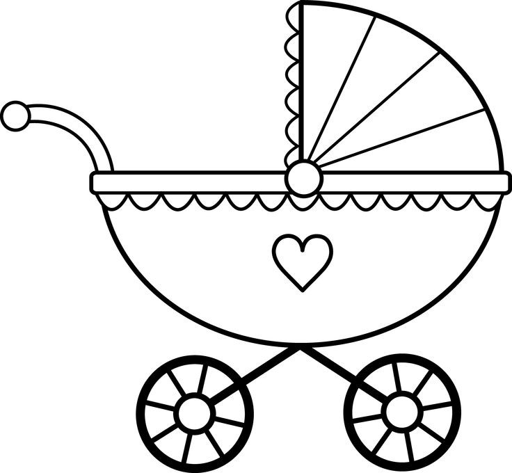 Vintage-style baby carriage with heart detail and scalloped canopy, black-and-white line drawing.