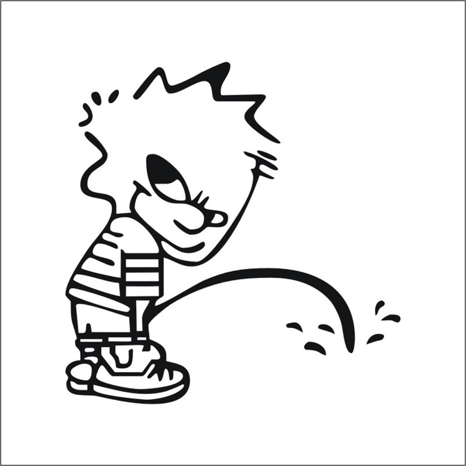 Cartoon boy in striped shirt and sneakers urinating with a mischievous grin, stylized black-and-white line art.
