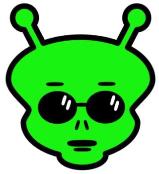 Green alien head with antennae and sunglasses, cartoon-style illustration.