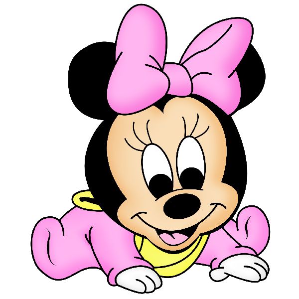 Baby Minnie Mouse in pink onesie with bow, crawling and smiling.