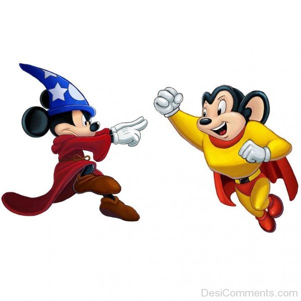 Sorcerer Mickey in red robe and blue hat pointing at Superhero Mickey in yellow suit with red cape, both mid-action pose.