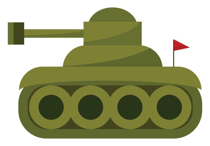 Green military tank with red flag and four road wheels, stylized flat design.
