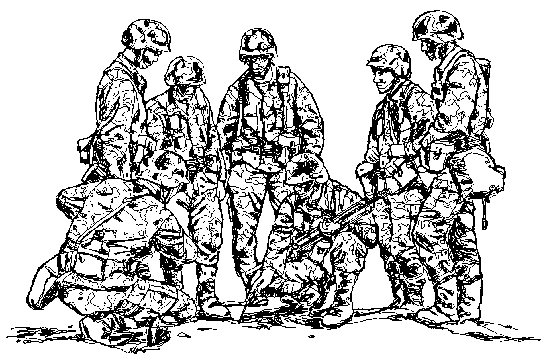 Black-and-white line drawing of six soldiers in camouflage gear, helmets, and tactical gear, gathered in a field briefing posture.