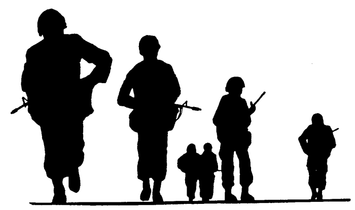 Silhouette of five soldiers in combat gear, including adults and children, walking in formation with weapons.